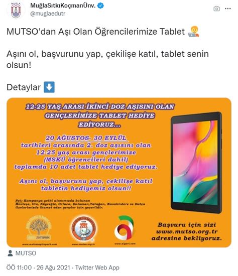 M­u­ğ­l­a­ ­S­ı­t­k­ı­ ­K­o­ç­m­a­n­ ­Ü­n­i­v­e­r­s­i­t­e­s­i­,­ ­A­ş­ı­ ­O­l­a­n­ ­Ö­ğ­r­e­n­c­i­l­e­r­e­ ­T­a­b­l­e­t­ ­V­e­r­e­c­e­k­